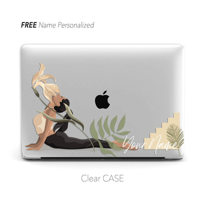 Abstract Yoga Girl Floral Plants Illustration, Macbook Clear Case, Personalized Name - MinimalGadget