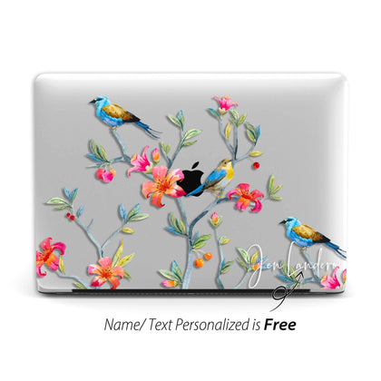 Aesthetic blue Birds and red Flowers, Macbook Clear Hard Case, Aesthetic Personalized Name - MinimalGadget
