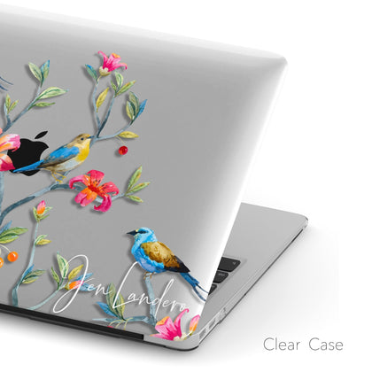 Aesthetic blue Birds and red Flowers, Macbook Clear Hard Case, Aesthetic Personalized Name - MinimalGadget