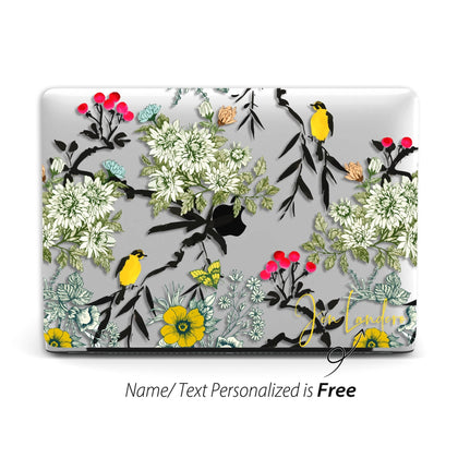 Aesthetic Noble Flowers and Birds, Macbook Clear Hard Case, Personalized Name - MinimalGadget