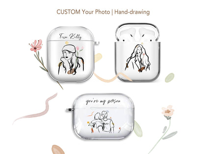 CUSTOM illustrated Portrait AirPods Case, hand drawing Minimalist Line, for Family Couple Friend - MinimalGadget