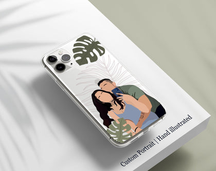 CUSTOM Portrait with Monstera Leaves for iPhone Clear CASE, hand drawn Photo - MinimalGadget