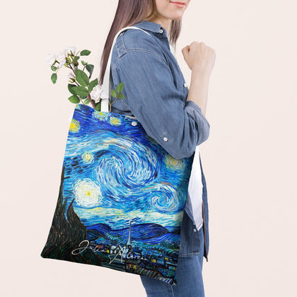 Personalized Name Van Gogh Canvas Tote Bag, The Starry Night - MinimalGadget