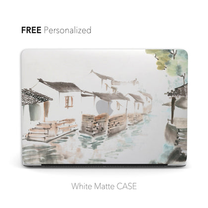 Personalized Oriental Ink Watercolor Landscape, Water Town Quiet Countryside, Macbook Matte CASE - MinimalGadget