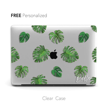 Watercolour Monstera Leaves, Personalized Name Clear Macbook Hard Case - MinimalGadget